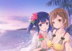  2girls :d bangs beach bikini blue_hair blush bow breasts brown_hair cleavage cloud coconut coconut_tree collarbone commentary_request emia_wang evening eyebrows_visible_through_hair flower food hair_flower hair_ornament hair_ribbon hibiscus hiryuu_(kantai_collection) holding jewelry kantai_collection large_breasts long_hair multiple_girls necklace o-ring o-ring_bikini ocean open_mouth outdoors palm_tree popsicle puckered_lips red_flower ribbon seashell seashell_necklace shell short_hair side_ponytail sky smile souryuu_(kantai_collection) star_(sky) swimsuit tree twintails water watermelon_bar 