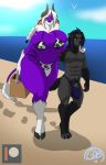  anthro beach bikini bovid bovine calheb-db canid canine cattle clothed clothing duo female hair hi_res horn humanoid_penis jewelry male mammal muscular muscular_male necklace nipple_outline overweight overweight_female penis penis_base pubes seaside swimwear vein walking 