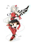  1girl alternate_costume artist_name bangs boots bow braid breasts cravat crest edelgard_von_hresvelg fire_emblem fire_emblem:_three_houses gloves grey_hair hair_ribbon hand_on_hip hat high_heel_boots high_heels idol long_hair looking_at_viewer medium_breasts microphone mini_hat mini_top_hat musical_note one_eye_closed open_mouth parted_bangs pleated_skirt ponytail purple_eyes ribbon saiykik shadow shirt signature simple_background skirt sleeveless sleeveless_shirt smile sparkle standing standing_on_one_leg tattoo top_hat white_background white_gloves wings 