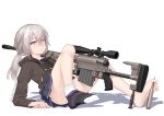  1girl absurdres bare_legs barefoot between_toes bolt_action cheytac_m200 commentary convenient_leg eyebrows_visible_through_hair eyes_visible_through_hair feet girls_frontline gun highres jacket knee_up legs looking_at_viewer m200_(girls_frontline) miniskirt ponytail revision rifle school_uniform silver_eyes silver_hair simple_background single_sock skirt sniper_rifle socks soles solo thighs toes twitter_username vectorek weapon white_background 