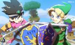  2boys armor artist_request bangs blonde_hair brown_hair cape circlet dragon_quest dragon_quest_iii earrings gloves hanauna hat hiyama_nobuyuki jewelry link male_focus master_sword multiple_boys pointy_ears roto seiyuu_connection shield short_hair simple_background super_smash_bros. sword tabard the_legend_of_zelda the_legend_of_zelda:_ocarina_of_time weapon 