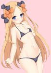  1girl abigail_williams_(fate/grand_order) bangs bare_shoulders bikini black_bow blonde_hair blue_eyes blush bow breasts collarbone fate/grand_order fate_(series) forehead hair_bow long_hair looking_at_viewer micro_bikini navel open_mouth orange_bow parted_bangs pink_background simple_background small_breasts solo swimsuit thighs toshishikisai 