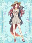  1girl arm_at_side arm_up breasts brown_headwear bubble cleavage dress flower full_body grey_dress hat hat_ornament high_heels jewelry kerberos_blade kusunokinawate long_hair looking_at_viewer necklace red_eyes red_hair shell side_cutout solo sun_hat swimsuit tail very_long_hair 