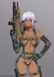  1girl absurdres assault_rifle bikini_bottom breasts brown_eyes collaboration colorized commentary contrapposto dark_elf dark_skin detached_sleeves elbow_pads elf english_commentary g-string gate_-_jieitai_ka_no_chi_nite_kaku_tatakaeri gloves green_gloves gun hand_on_hip harness highres holster large_breasts lips lipstick long_hair makeup military_operator norman_maggot pointy_ears purple_lipstick revealing_clothes rifle solo thigh_holster thong trigger_discipline underbarrel_shotgun waru-geli weapon weapon_request yao_haa_dushi 