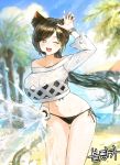  1girl animal_ear_fluff animal_ears arm_up bangs beach bikini black_bikini black_hair blurry blurry_background bracelet breasts cat_ears cleavage commission day elsword heart heart-shaped_pupils holding_hose hose jewelry large_breasts looking_at_viewer midriff navel one_eye_closed open_mouth outdoors palm_tree parted_bangs ponytail red_eyes sonchi standing swimsuit symbol-shaped_pupils tree water 