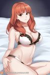  1girl aslindsamure bangs bare_shoulders blunt_bangs bra breasts celica_(fire_emblem) cleavage collarbone fire_emblem fire_emblem_echoes:_shadows_of_valentia highres lace lace-trimmed_bra large_breasts long_hair looking_at_viewer navel panties red_eyes red_hair sitting solo thighs underwear white_bra white_panties 