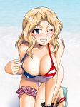  1girl american_flag_bikini beach bikini blonde_hair blue_eyes blush bottomless breasts cleavage covered_nipples eyebrows_visible_through_hair flag_print girls_und_panzer grin groin kay_(girls_und_panzer) large_breasts looking_at_viewer medium_hair navel ocean one_eye_closed oosaka_kanagawa outdoors parted_lips sandals shiny shiny_hair shiny_skin smile solo swimsuit swimwear teeth 