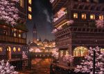  boat building cherry_blossoms city flowers night original pei_(sumurai) petals scenic stars water 