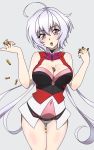  1girl ahoge bare_shoulders between_breasts breasts cleavage covered_navel emmxd325 grey_background head_tilt highres large_breasts lavender_eyes lavender_hair leg_hold long_hair mouth_hold senki_zesshou_symphogear senki_zesshou_symphogear_xv shell_casing simple_background smile solo thigh_gap yukine_chris 