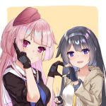  2girls black_hair eyebrows_visible_through_hair fingerless_gloves fuyukin_chiba girls_frontline gloves hat heart heart_hands highres index_finger_raised multiple_girls ntw-20_(girls_frontline) pink_eyes pink_hair purple_hair school_uniform serafuku super_sass_(girls_frontline) sweat 