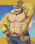  2019 4_fingers absurd_res adios anthro armor armpit_hair barely_visible_genitalia barely_visible_penis blue_bottomwear blue_clothing blue_pants bodily_fluids bottomwear bowser clothed clothing collar crotch_tuft fingers gloves hair hammer handwear hard_hat headgear helmet hi_res horn koopa male mario_bros musclegut muscular muscular_male navel nintendo nipples one_eye_closed open_mouth pants pecs penis penis_base pink_nipples pink_tongue pubes red_hair reptile scalie solo spikes sweat teeth tongue tool_belt tools topless vein veiny_penis video_games 