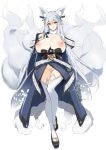  1girl absurdres animal_ear_fluff animal_ears bell breasts chixiao fox_ears fox_girl fox_tail highres japanese_clothes kimono large_breasts long_hair looking_at_viewer multiple_tails nipples no_panties obi original pubic_hair sash sketch solo tail thighhighs white_hair yellow_eyes 