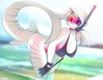  2019 anthro big_breasts blurred_background breasts clothed clothing day detailed_background digital_media_(artwork) female fin fish hair marine nipple_outline non-mammal_breasts outside shark sky smile solo standing teeth tsampikos white_hair 