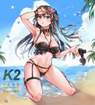  1girl alraco armpits artist_name bangs bare_shoulders beach bikini black_bikini black_footwear blue_sky blush breasts brown_eyes brown_hair character_name cleavage cloud collarbone day detached_collar eyebrows_visible_through_hair girls_frontline groin hair_ornament hairclip highleg highleg_bikini holding holding_shoes k-2_(girls_frontline) kneeling long_hair medium_breasts navel ocean open_mouth outdoors palm_tree sand sandals shoes shoes_removed sidelocks single_shoe skindentation sky solo starfish_hair_ornament stomach swimsuit thigh_strap tree twitter_username wristband 