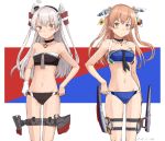  2girls adapted_costume amatsukaze_(kantai_collection) bandeau bikini black_bikini black_choker blue_bikini breasts brown_eyes choker cleavage collarbone cowboy_shot gloves groin hair_tubes hat johnston_(kantai_collection) kantai_collection kawashina_(momen_silicon) light_brown_hair long_hair looking_at_viewer machinery medium_breasts mini_hat multicolored multicolored_background multiple_girls navel rigging silver_hair single_glove standing strapless strapless_bikini swimsuit two_side_up white_background white_gloves windsock 