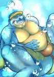  2019 absurd_res anthro blue_scales bulge crocodile crocodilian crocodylid eyes_closed f_jina green_eyes hi_res makara male multicolored_scales overweight overweight_male reptile scales scalie scar signature smile solo tokyo_afterschool_summoners two_tone_scales video_games water yellow_scales 
