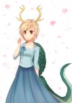 absurdres antlers blonde_hair blue_dress cherry_blossoms dragon_tail dress eyebrows_visible_through_hair highres kitcho_yachie red_eyes sanzuri tail touhou turtle_shell wily_beast_and_weakest_creature 