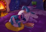 2019 absurd_res book cutie_mark duo equid feathered_wings feathers female feral fire fireplace friendship_is_magic hi_res horn hug mammal my_little_pony pillow princess_celestia_(mlp) sleeping twilight_sparkle_(mlp) unicorn winged_unicorn wings yoditax young 