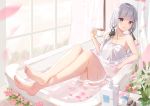  1girl azur_lane bangs barefoot bathing bathroom bathtub blue_eyes blush bottle breasts cleavage crossed_ankles cup curtains eyebrows_visible_through_hair flower hair_ornament hair_ribbon highres holding holding_cup hum_(ten_ten) illustrious_(azur_lane) long_hair looking_at_viewer medium_breasts mole mole_under_eye naked_towel partially_submerged pink_flower ribbon smile solo tea teacup towel vase wet white_flower white_hair window 