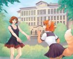  5_fingers aikorn anthro blue_eyes bottomwear brown_hair building clothed clothing day domestic_cat felid feline felis female fingers fur hair hi_res human mammal orange_fur orange_hair outside school skirt striped_fur stripes tree vera_(iskra) 