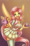  2019 beverage blue_eyes bumblebun clothing cup dress equid equine eyeshadow female fluttershy_(mlp) friendship_is_magic hair hi_res legwear makeup mammal my_little_pony pink_eyeshadow pink_hair pose pterippus solo stockings tea tea_cup teapont wings 