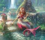  2019 5_fingers brown_hair clothed clothing day detailed_background digital_media_(artwork) female fin fingers gugu-troll hair marine merfolk outside partially_submerged smile water 