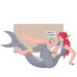  1:1 2019 absurd_res alpha_channel anthro bottomless breasts clothed clothing cola dialogue female fish hair hi_res human mammal marine nude open_mouth red_eyes red_hair ruby_(unidentified-tf) shark simple_background solo species_transformation surprise teeth text transformation transparent_background unidentified-tf 