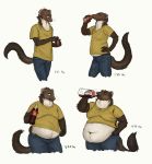  anthro beech_marten belly belly_overhang beverage brown_fur cettus clothed clothing drinking eyes_closed fur hand_on_hip hi_res holding_beverage holding_object male mammal marten midriff moobs mustelid musteline navel overweight overweight_male sequence simple_background slightly_chubby smile soda solo torn_clothing weight_gain white_background white_fur 