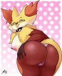  2019 absurd_res anthro areola big_breasts big_butt breasts butt camel_toe canid canine clothing delphox digital_media_(artwork) eyewear female fur glasses hi_res inner_ear_fluff looking_at_viewer mammal nintendo nipple_piercing nipples panties piercing pok&eacute;mon pok&eacute;mon_(species) simple_background solo sruto thick_thighs tongue tongue_out underwear video_games yellow_fur 