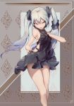  1girl black_dress breasts covered_navel destroyer_(girls_frontline) dress girls_frontline grey_eyes hair_between_eyes highres long_hair open_mouth renze_l sangvis_ferri silver_hair sleeveless sleeveless_dress solo twintails 