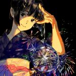  1girl arm_up artist_name bag bare_arms black_background black_hair blue_kimono commentary_request fireworks hand_up handbag happy holding japanese_clothes kimono looking_at_viewer medium_hair obi original sash signature simple_background smile solo umishima_senbon 