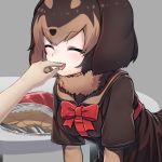  1girl :3 animal_ears animal_print bow bowtie brown_hair brown_shirt chips closed_eyes commentary_request dachshund_(kemono_friends)_(nyifu) disembodied_limb dog_ears dog_print elbow_gloves eyebrows_visible_through_hair finger_in_mouth food fur_collar gloves harness kemono_friends light_brown_hair multicolored_hair nyifu open_mouth original print_gloves red_neckwear sailor_collar shirt short_hair short_sleeves solo 