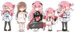  5girls absurdres aogisa armor braid brown_hair case collared fire from_side girls_frontline hair_ornament hairclip hexagram highres jacket ketchup ketchup_bottle long_hair multiple_girls multiple_persona negev_(girls_frontline) pink_hair red_eyes sandals star star_of_david tomato younger 