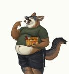  anthro belly black_fur box brown_fur canid canine cettus clothed clothing doughnut eating eyes_closed food fur grey_fox hi_res holding_object male mammal moobs navel open_mouth open_smile overweight overweight_male simple_background smile solo standing teeth tim_hortons tongue urocyon white_background white_fur 