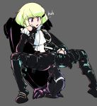  1boy anus beige_background bulge cravat dildo doppel_(pixiv) english_text gloves green_hair half_gloves highres jacket lio_fotia male_focus open_mouth promare purple_eyes simple_background sitting squatting 