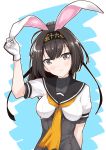  akizuki_(kantai_collection) animal_ears black_hair breasts bunny_ears gloves grey_eyes hachimaki headband kantai_collection medium_breasts mikage_takashi school_uniform serafuku short_sleeves sidelocks simple_background smile white_gloves 