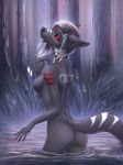  2018 5_fingers anthro black_nose black_sclera breasts canine detailed_background female fur grey_fur liemery looking_at_viewer mammal nipples noquelle nude partially_submerged red_eyes smile solo standing water wolf 