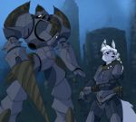  akella anthro braided_hair canine celtic_knot drill fur glowing glowing_eyes grey_body hair hi_res machine mammal markings mecha melee_weapon purple_eyes robot weapon white_fur white_hair wolf 