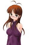  ahoge akizuki_ritsuko blush bodypaint breasts brown_eyes brown_hair glasses highres idolmaster idolmaster_(classic) idolmaster_1 large_breasts long_hair naked_paint nude painted_clothes ranshin solo 