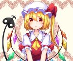  1girl ascot bangs beige_background blonde_hair blush bow collarbone commentary_request crystal eyebrows_visible_through_hair flandre_scarlet frilled_shirt_collar frills hair_between_eyes hat hat_bow highres lace_trim laevatein long_hair looking_at_viewer mob_cap mozuno_(mozya_7) one_eye_closed outline parted_lips puffy_short_sleeves puffy_sleeves red_bow red_eyes red_vest shirt short_sleeves simple_background solo touhou upper_body vest white_headwear white_shirt wings yellow_neckwear 