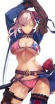 1girl 55level absurdres american_flag_bikini american_flag_legwear arms_up asymmetrical_hair bangs belt bikini blue_eyes blush breasts buckle bun_cover cleavage collarbone cowboy_shot fate/grand_order fate_(series) flag_print hair_bun highres holding holding_sword holding_weapon large_breasts long_hair looking_at_viewer miyamoto_musashi_(fate/grand_order) miyamoto_musashi_(swimsuit_berserker)_(fate) navel one_eye_closed pink_hair shrug_(clothing) smile solo stomach swept_bangs swimsuit sword thigh_strap weapon white_background 
