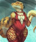  agamid allison_(slither) anthro bearded_dragon breasts cleavage clothed clothing dress earhole female hi_res killioma lace legwear lizard long_tail non-mammal_breasts pinup pose red_eyes reptile scales scalie solo thick_tail thick_thighs thigh_highs wide_hips yellow_scales 