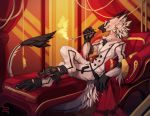  anthro barefoot black_fur chest_tuft cigarette_holder claws clothed clothing curtains digitigrade elbow_tufts foot_tuft formal_wear fully_clothed fur hindpaw inside lounging male pawpads paws sergal smile smoking sofa solo tail_tuft toe_claws tuft white_eyes white_fur zephra 