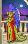  anthro balcony chinese_clothing clothing dragon dragonkai female footwear green_scales hi_res kaya_(twin_dragons) moon parasol pose sandals scales solo teenager thenekoboi twin_dragons_(webcomic) umbrella yelow_eyes young 