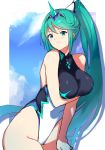  1girl bangs blush breasts earrings green_eyes green_hair highres jewelry large_breasts long_hair looking_at_viewer negresco one-piece_swimsuit pneuma_(xenoblade_2) ponytail simple_background smile solo spoilers swept_bangs swimsuit swimsut very_long_hair xenoblade_(series) xenoblade_2 