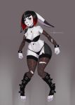  anthro black_hair bra clothing doomthewolf female fishnet fishnet_legwear fur goth hair hi_res jewelry lagomorph legwear leporid mammal midriff necklace panties rabbit red_eyes solo underwear white_fur 