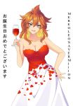  1girl bare_shoulders black_clover blonde_hair blue_eyes breasts brown_hair character_name cleavage collarbone cup dress drinking_glass eyeshadow hair_between_eyes hand_on_hip highres holding holding_cup killibrew large_breasts makeup medium_hair mereoleona_vermillion multicolored_hair red_dress red_wine short_eyebrows solo strapless strapless_dress two-tone_dress two-tone_hair white_background white_dress wine_glass 
