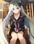  1girl bangs bare_legs between_legs black_shirt black_skirt blush breast_hold breasts brynhildr_(fate) chair clock closed_mouth expressionless eyebrows_visible_through_hair fate/grand_order fate_(series) gradient_hair hair_between_eyes hair_over_one_eye head_tilt headgear highres indoors large_breasts long_hair looking_at_viewer multicolored_hair neckerchief nikek96 photo_(object) pleated_skirt red_eyes sailor_collar school_uniform serafuku shirt short_sleeves silver_hair sitting skirt solo standing sunlight uniform very_long_hair wall_clock 