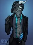  2019 4_fingers animal_genitalia animal_penis anthro bedroom_eyes black_penis black_scales black_sclera blue_background blue_eyes blue_penis blue_scales bottomwear button-up claws clothed clothing countershade_tail countershade_torso countershading dragon erection fingers front_view genital_slit gradient_background gradient_penis grey_countershading grey_scales half-closed_eyes hand_on_leg hi_res horn idoodle2draw inviting jeans looking_at_viewer male manly overshirt pants penis penis_through_fly pinup poking_out portrait pose presenting presenting_penis ribbed_penis ridged_penis scales scalie seductive sharp_teeth shirt signature simple_background slit smile smirk solo spikes standing suit teasing teeth topwear two-tone_penis unbuttoned underwear undressing unzipped vest xero 