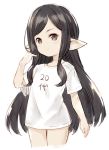  1girl alternate_costume arulumaya bangs black_hair closed_mouth clothes_writing cowboy_shot cropped_legs eyebrows_visible_through_hair granblue_fantasy grey_eyes hand_up harvin long_hair meito_(maze) mole mole_under_eye pointy_ears shirt short_sleeves simple_background smile solo swept_bangs translation_request very_long_hair white_background white_shirt 